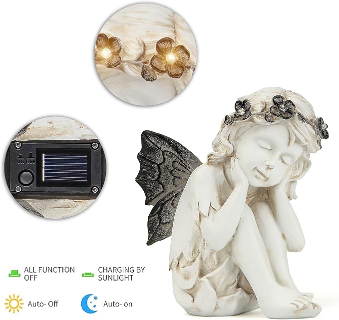 Leekung Ivory White Resin Sculpture, Angel Figurine with Solar Powered Lights for Outdoor Decor, Garden Decorations & Memorial Gifts-VerdiqueGarden
