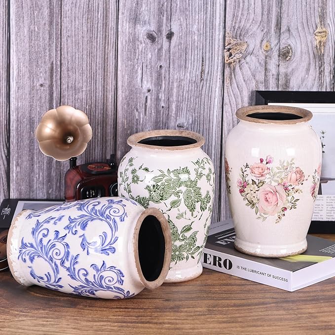 Vintage Vase for Flowers,Green Chinoiserie Ceramic Vase,Rustic Farmhouse Cracked Vases,for Flower Arrangement,Living Room, Office, Shelf, Fireplace Tables,Centerpieces,Chinoiserie Pottery Decor(B)-VerdiqueGarden