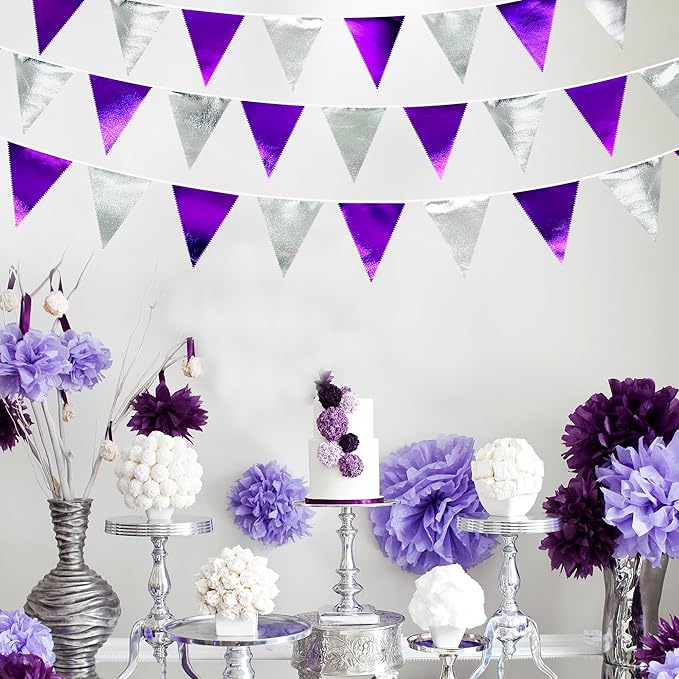 Purple and Silver Party Decorations Triangle Pennant Banner Flag Metallic Fabric Bunting Garland for Birthday Graduation Retirement Bachelorette Wedding Bridal Shower Engagement Disco Party Supplies-VerdiqueGarden