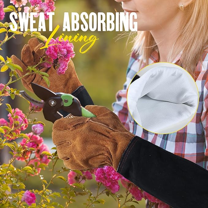 HANDLANDY Leather Gardening Gloves for Men & Women, Rose Pruning Thorn Proof Garden Glove, Long Sleeve Gauntlet Gloves (Black-brown, Medium (Pack of 1))-VerdiqueGarden