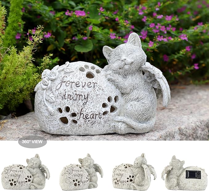 Cat Memorial Gifts Outdoor Statue with Solar Lights,Outdoor Resin Pet Ornament Grave Memorial Angel Decor Stone Effect-VerdiqueGarden