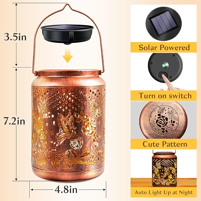 Hyriony Butterfly Solar Lanterns Outdoor Waterproof Metal Hanging Lights, Garden Decor Gifts for Women, Mom, Grandma Solar Decorations for Yard, Patio, Backyard, Porch, Lawn, Walkway, Tabletop-VerdiqueGarden