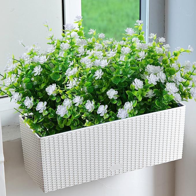 Artificial Plants Flowers Grass Shrubs 8 Pack No Fade Faux Plastic Flowers Outdoor for Vases Farmhouse Garden Porch Patio Office Indoor Wedding Decoration Greenery Fake Plants (2#White)-VerdiqueGarden