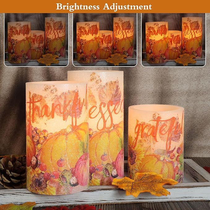 Thanksgiving Blessings LED Candles Pumpkin Glitter Desgin Real Wax Flickering Flameless Fall Harvest Battery Operated with Remote Timer 6H for House Warming Gifts New Home Table Tary Decor-VerdiqueGarden
