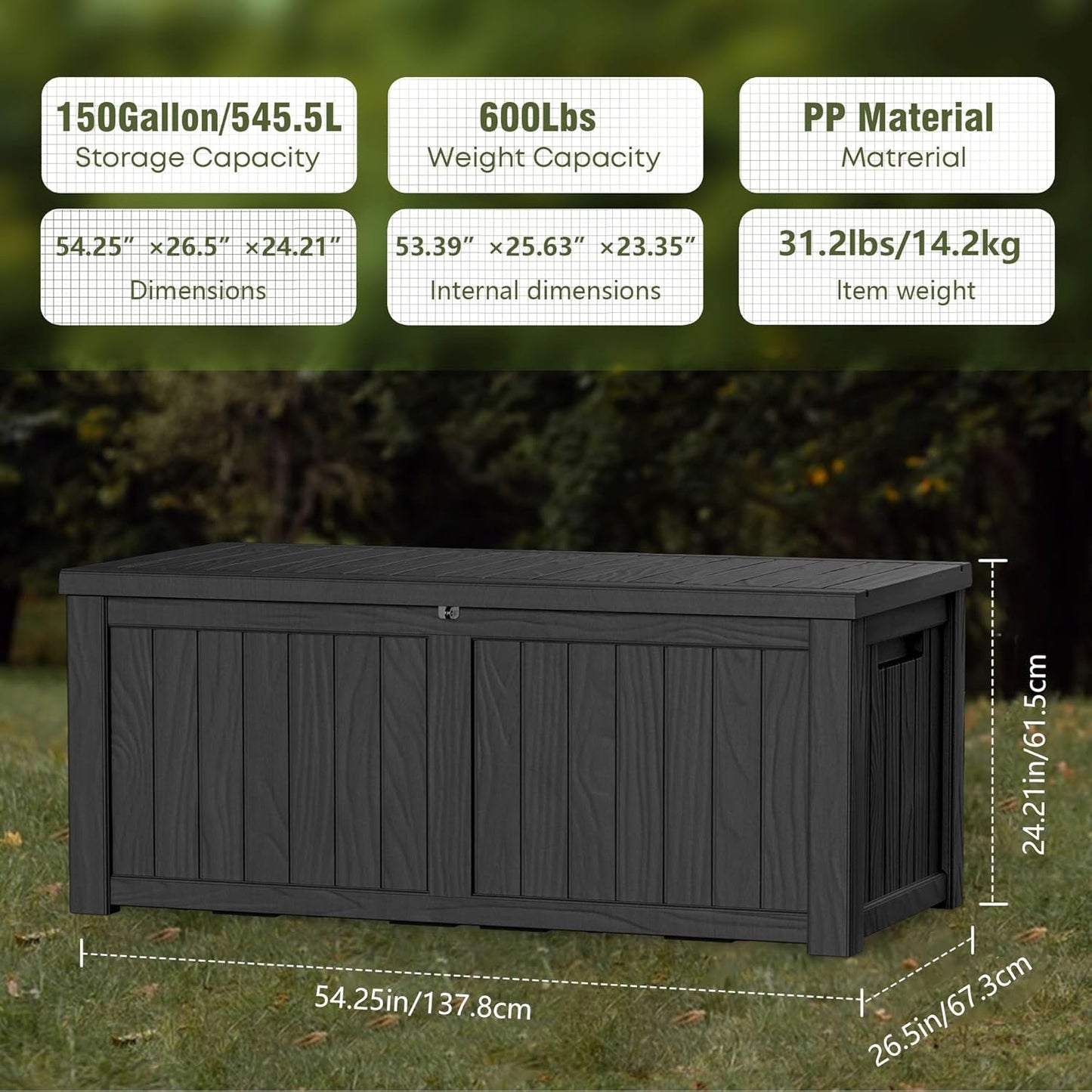 150GAL Black Large - Capacity Outdoor Deck Box with Lockable Compartment – Waterproof, SGS - Shielded UV Resistance, Ideal for Storing Large Patio Furniture Sets & Seasonal Decor-VerdiqueGarden