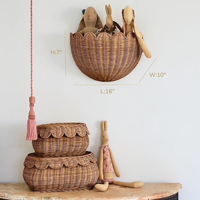BEBE BASK Scalloped Wicker Hanging Basket - The Original Wicker Wall Decor - Hand Woven Wall Basket - Home Décor Wall Hanging Basket - Wall Storage Basket for Nursery, Living Room and Bathroom (Mocca)-VerdiqueGarden
