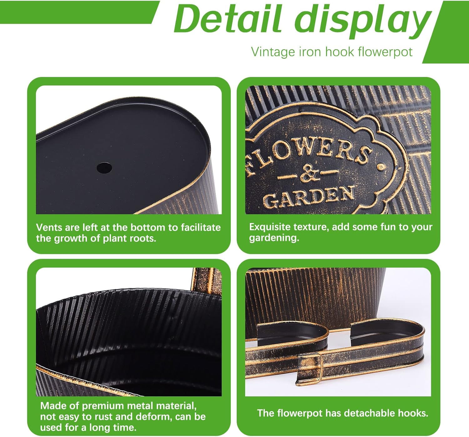 PerGar Vintage Metal Iron Wall Hanging Flower Pots, Rustic Planter Bucket Herb Flower Plant Holder with Detachable Hooks & Drainage Hole for Railing Fence Balcony Deck Garden Home Decoration, Set of 3-VerdiqueGarden