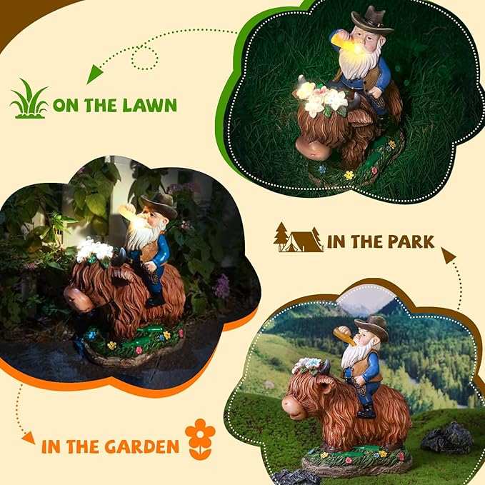 Gnome Gifts for Women, Solor Statue for Garden, Gnome and Highland Cow Figurine with Lights, Outdoor Decorations for Yard Lawn Patio, Gifts for Mom Grandma Mother in Law Gardener Mother'Day-VerdiqueGarden