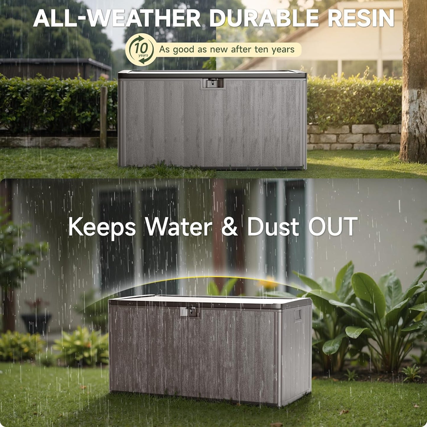 120 Gallon Deck Box, Double Layer Waterproof Resin Outdoor Indoor Storage Box, Lockable & UV Resistant Storage Bin for Patio Furniture, Garden Tools, Pool Accessories (Brown)-VerdiqueGarden