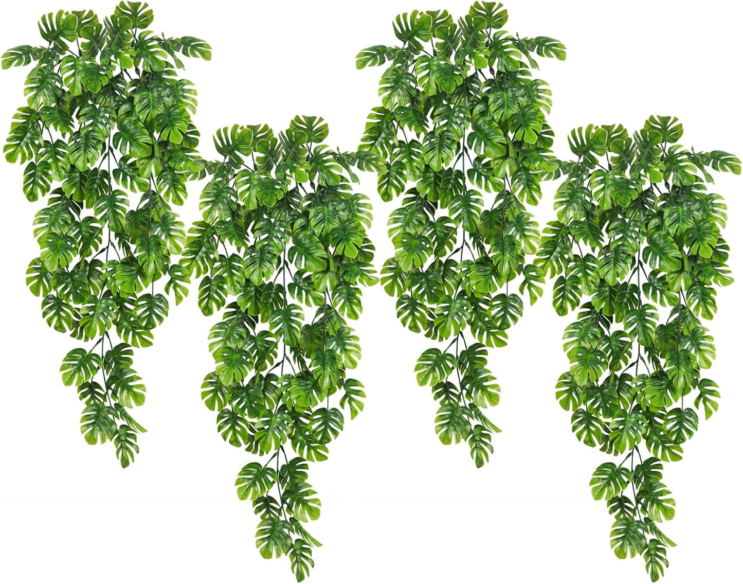 RECUTMS Artificial Hanging Plants 4Pcs, Fake Monstera Leaves Ivy Vine Faux Greenery UV Resistant Tropical Palm Leaf Swag Plant for Garden Home Jungle Hawaiian Luau Party Outdoor Indoor Spring Décor-VerdiqueGarden