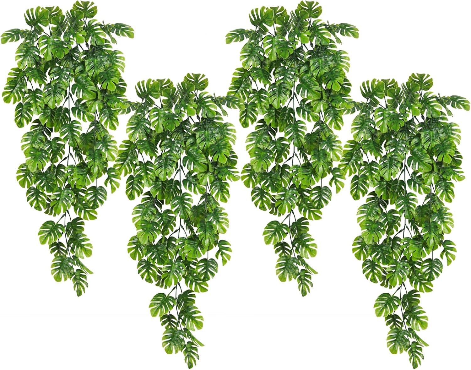 RECUTMS Artificial Hanging Plants 4Pcs, Fake Monstera Leaves Ivy Vine Faux Greenery UV Resistant Tropical Palm Leaf Swag Plant for Garden Home Jungle Hawaiian Luau Party Outdoor Indoor Spring Décor-VerdiqueGarden