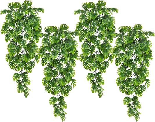 RECUTMS Artificial Hanging Plants 4Pcs, Fake Monstera Leaves Ivy Vine Faux Greenery UV Resistant Tropical Palm Leaf Swag Plant for Garden Home Jungle Hawaiian Luau Party Outdoor Indoor Spring Décor-VerdiqueGarden