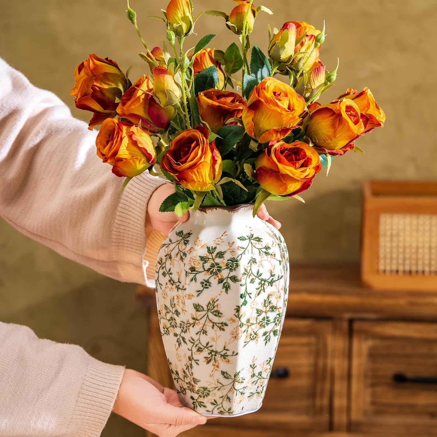 Vintage Pastoral Octagonal Vase, Green and Beige Retro Ceramic Flower Vase, Rustic Farmhouse Vases Chinoiserie Floral Large Vase for Home Decor, Living Room, Kitchen, Bedroom and Shelf 9.1 Inch-VerdiqueGarden