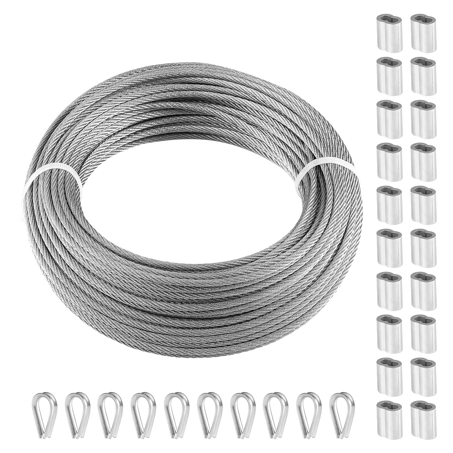 VEVOR 1/8 Stainless Steel Cable, 1/8 Wire Rope, 100 FT 316 Cable Wire 20 Sleeves & 10 Thimbles, 1600 lbs Breaking Strength, 7x7 Strands Marine Aircraft Grade for Handrail Stair Decking Fence Outdoors-VerdiqueGarden