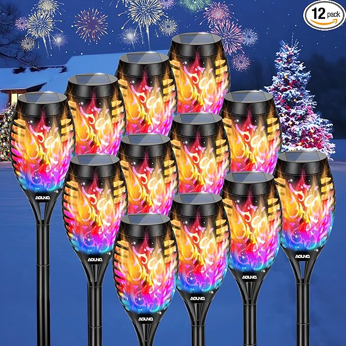 12 Pack Solar Torch Lights Outdoor Waterproof - Multicolor Flickering Flame, Outdoor Solar Garden Lights for Yard, Tiki Torches for Outside Patio Pathway Decorations-VerdiqueGarden