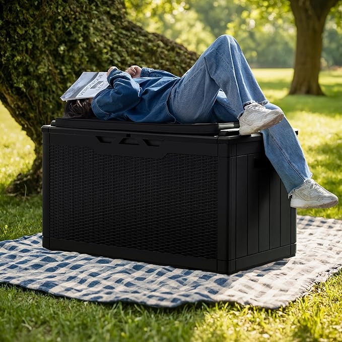 Greesum 100 Gallon Resin Deck Box Large Outdoor Storage with Cushions for Patio Furniture, Garden Tools, Pool Supplies, Weatherproof and UV Resistant, Lockable, Black-VerdiqueGarden