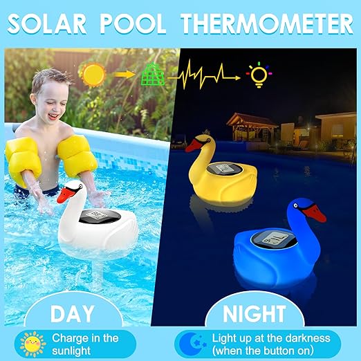 KingSom Digital Pool Thermometer,Solar Pool Thermometer Floating Easy Read with Color Changing Swan Light,Floating Pool Thermometer with Large LCD Screen and String,Pond Water Temperature Thermometer-VerdiqueGarden