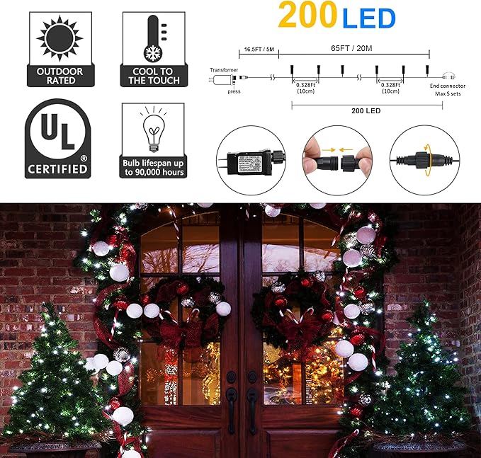 weillsnow White Christmas Fairy Lights Plug in, 200 LED 66FT Waterproof Christmas String Lights, 8 Modes with Memory for Outdoor Indoor Wedding Garden Christmas Decorations (66FT, White)-VerdiqueGarden
