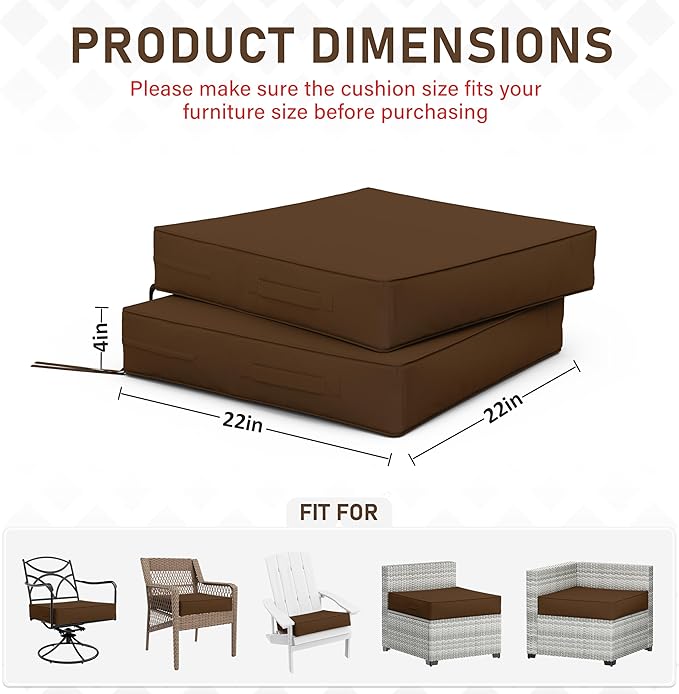 Patio Chair Cushions 22 X 22 X 4 Inch Waterproof Outdoor Seat Cushions for Patio Furniture, Outdoor Sofa Couch Pads with Ties & Handle, Set of 2, Chocolate-VerdiqueGarden