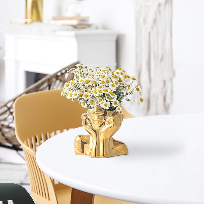 Gold Ceramic Human Face Decorative Vase - Shy Posture Modern Art Desktop Display for Bookshelf, Living Room, Office, Bedroom-VerdiqueGarden