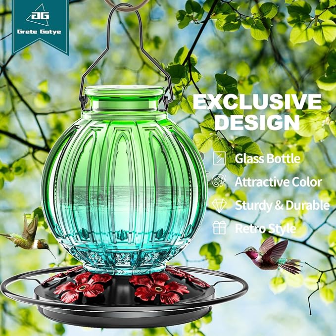 Glass Hummingbird Feeder for Outdoors Hanging, Bird Nectar Feeder with Perch & 5 Flower Feeding Ports, 26 Oz Leak Proof for Outside Garden Decor Backyard, Gifts for Women Mom, Green & Blue-VerdiqueGarden