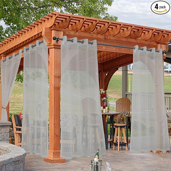 HolidayIdeas Outdoor Sheer Curtains for Patio Waterproof, 4 Panels - 54 x 84 Inch - Cloud Grey Light Filtering Voile Outside Curtains Grommet Drapes for Front Porch, Gazebo, Pergola, Backyard-VerdiqueGarden