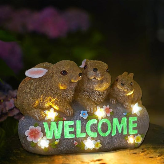 Solar Rabbits with Welcome Sign - Outdoor Bunny Decor with Solar LED Lights - Rabbit Garden Decor & Outdoor Light-Up Gifts for Women, Moms or Birthdays-VerdiqueGarden
