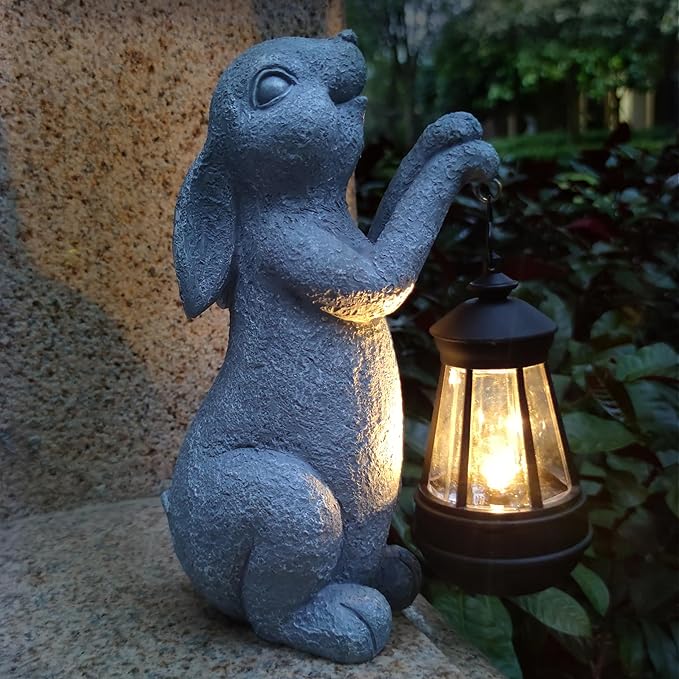Rabbit Solar Garden Outdoor Statues,Resin Rabbit Figurine Decorations with Solar Lights Lantern, Outdoor Rabbit Art Decor for Lawn,Yard, Unique Housewarming Gift for Garden Home-VerdiqueGarden