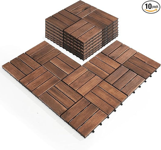 Pack of 10 Deck Tiles - 12"x12" Interlocking Natural Solid Acacia Wood for Outdoor & Indoor, Patio Garden, Balcony, Poolside - Dark Brown Color-VerdiqueGarden
