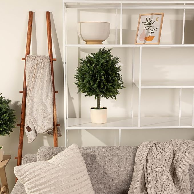 Premium 16" Diameter Artificial Cypress Topiary – Set of 2 Faux Plants in Beige Decorative Planters – UV-Resistant, Weatherproof, Realistic Outdoor & Indoor Greenery-VerdiqueGarden