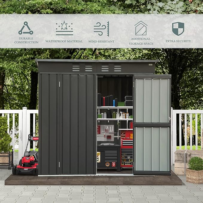 Domi Outdoor Storage Shed 6' x 4.5’, Metal Garden Shed with Galvanized Steel Frame for Bike, Tools, Lawn Mowers, Pool Toys, Outdoor Storage Cabinet with Lockable Door for Garden Lawn Patio (Dark Grey)-VerdiqueGarden