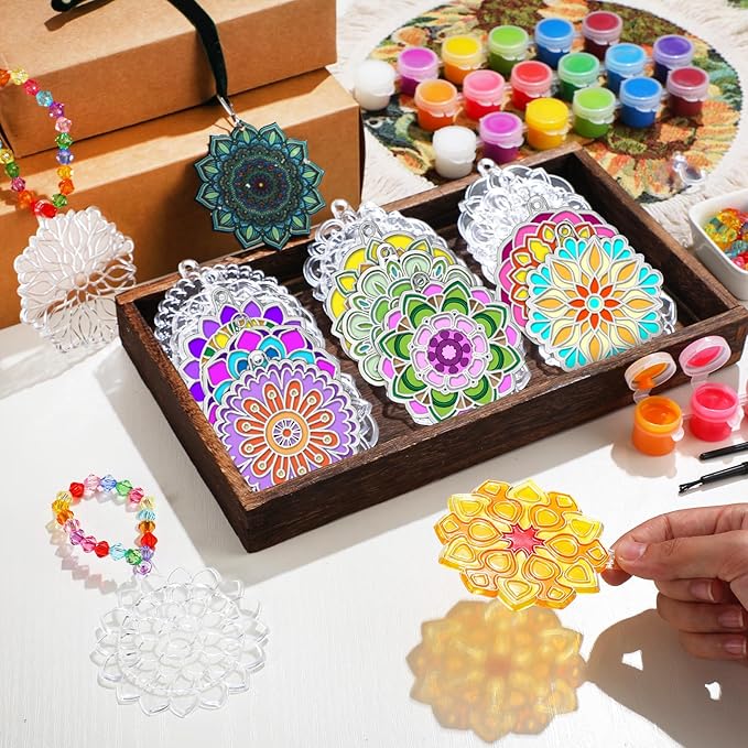 30 Sets Suncatchers Window Art Kits, DIY Sun Catchers Bulk Crafts Paint Your Own Window Ornaments for Boys Girls Classroom Home Party Birthday Activity Decor(Mandala Style)-VerdiqueGarden