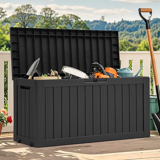 YITAHOME 72 Gallon Outdoor Resin Deck Box with Wheels, Pool Storage Box for Outdoor Cushions, Sports Equipment, Garden Tools, Black-VerdiqueGarden