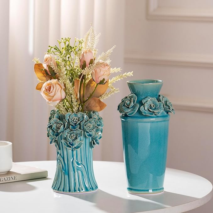 Handmade Blue Ceramic Vase with 3D Flowers, Blue Bud Wedding Bouquets Vases for Centerpieces, Vintage Floral Vase for Home Cottage Core Decor, Decorative Vases for Living Room, Housewarming Gift 6.6In-VerdiqueGarden
