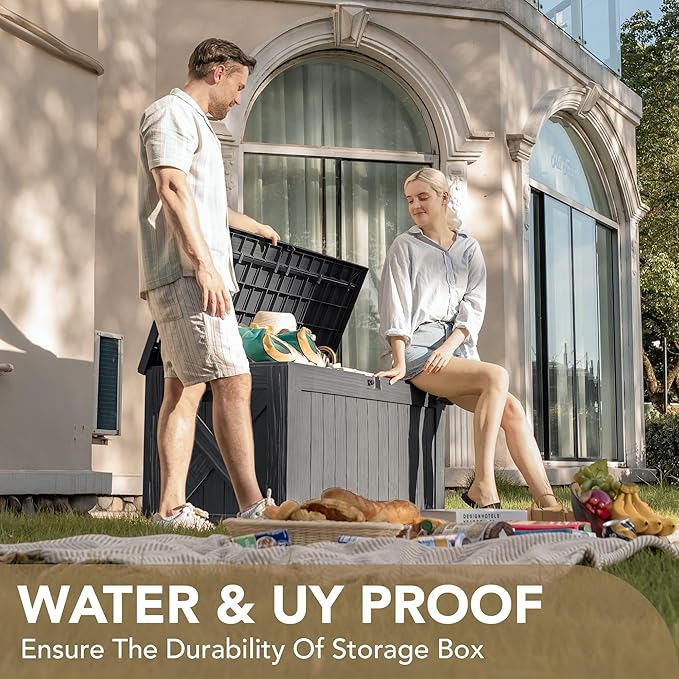 Devoko 120 Gallon Deck Box Resin Outdoor Storage Box Waterproof for Patio, Large Outdoor Storage Bench Lockable for Outside (Grey)-VerdiqueGarden