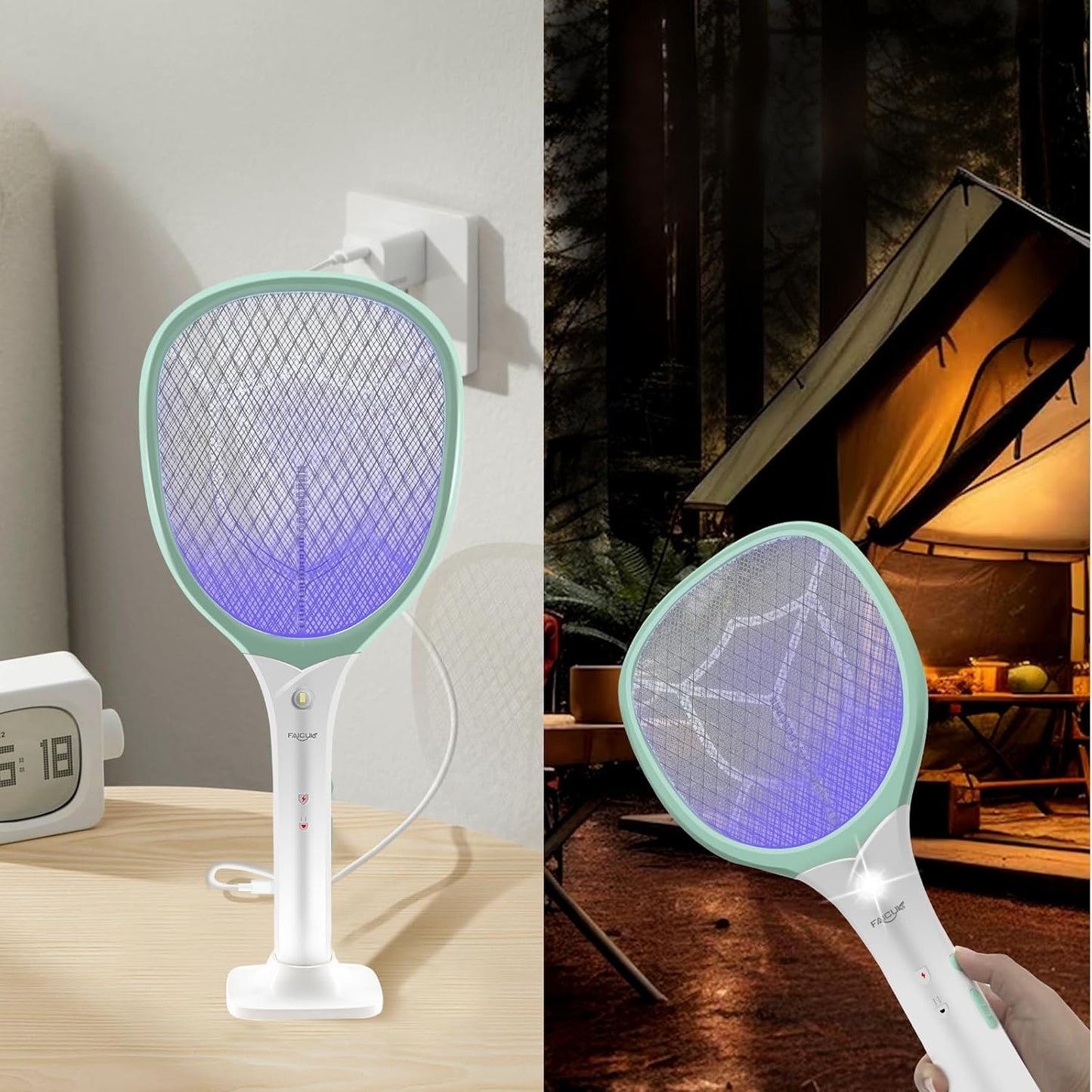 Faicuk Rechargeable Handheld Bug Zapper Racket 2 in 1 Electric Fly Swatter (2 in 1 Green)-VerdiqueGarden