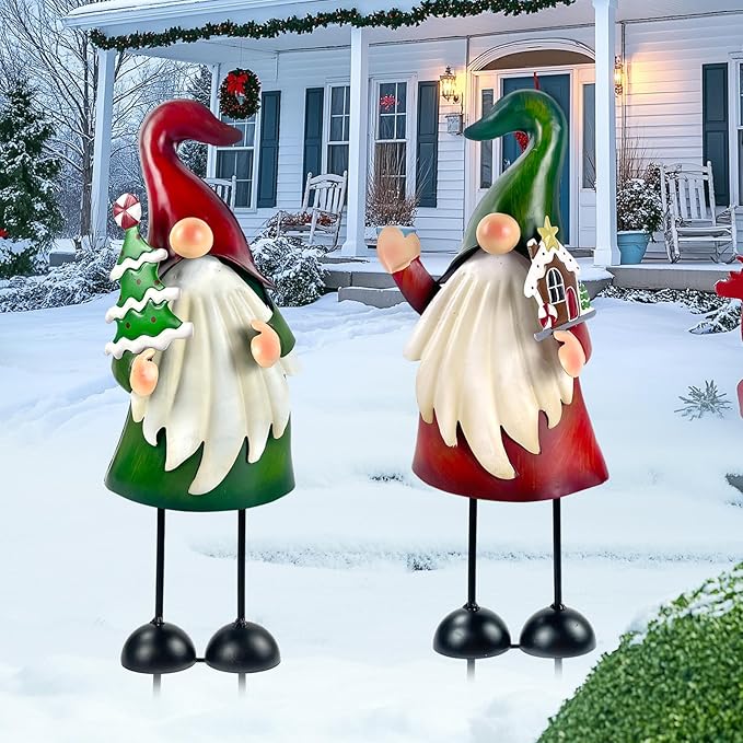 HONGLAND Christmas Decorations Outdoor Metal Gnome Yard Art Christmas Gnomes Statue 18 Inch Gnome Figurine for Holiday Christmas Lawn Patio Yard Garden Decor-2 PCS-VerdiqueGarden