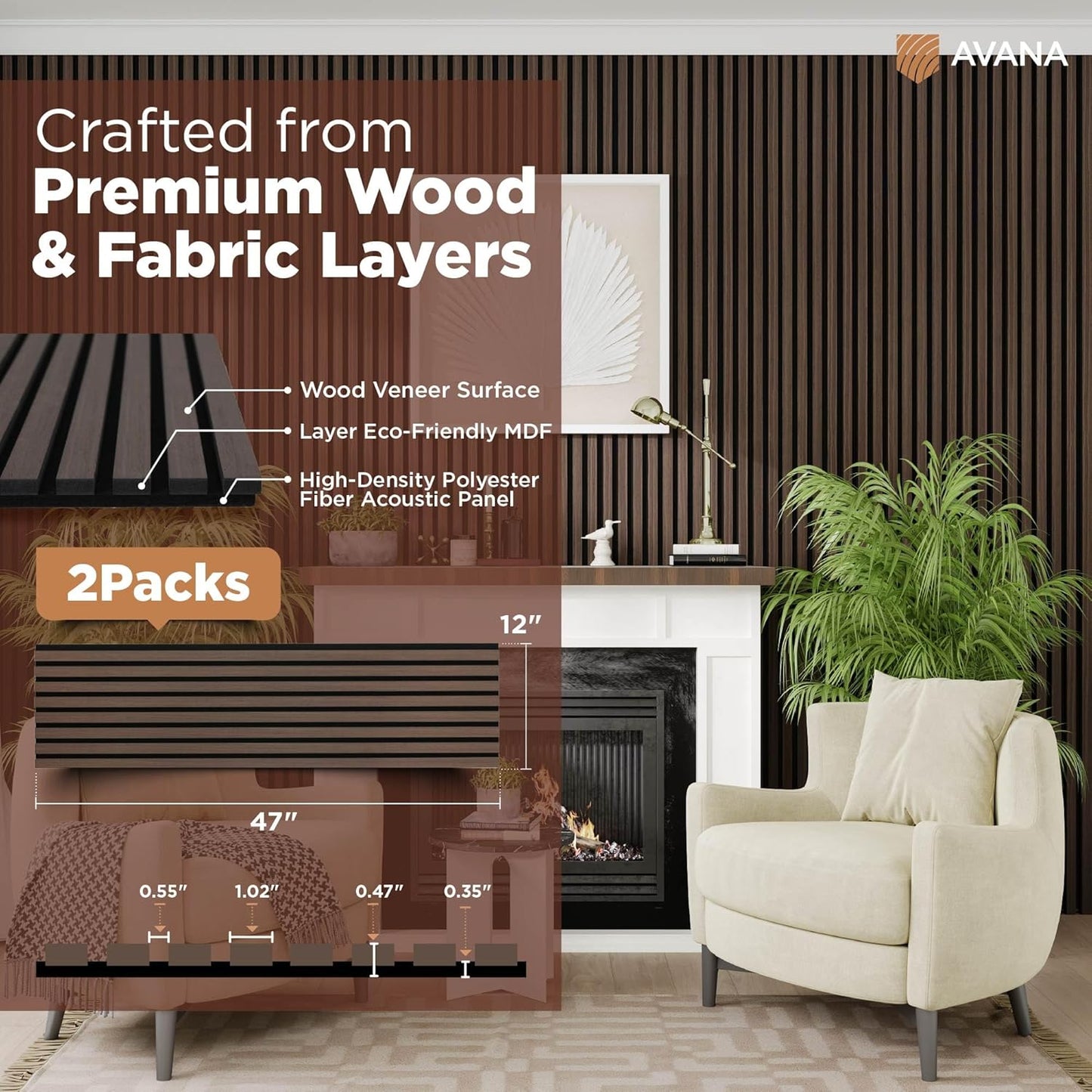 Avana Acoustic Wood Wall Panels – 47.2 x 12.6 Inch Dark Walnut Oak Acoustic Panels 2 PCs – Modern Wall Panels For Interior Wall Decor For Home, Office, Studio – Sturdy And Durable Wood Panels For Wall-VerdiqueGarden