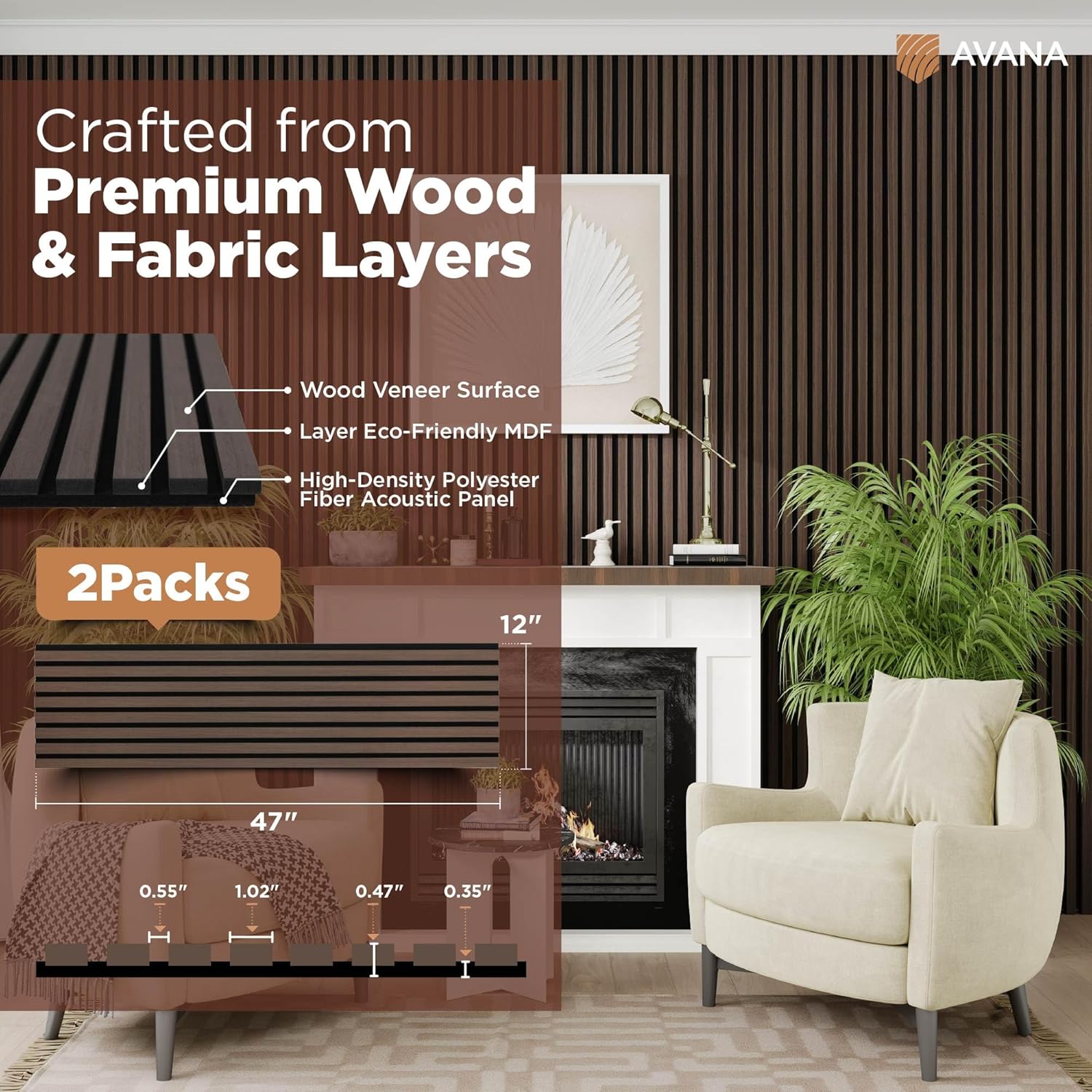 Avana Acoustic Wood Wall Panels – 47.2 x 12.6 Inch Dark Walnut Oak Acoustic Panels 2 PCs – Modern Wall Panels For Interior Wall Decor For Home, Office, Studio – Sturdy And Durable Wood Panels For Wall-VerdiqueGarden