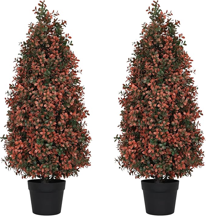 3ft Artificial Boxwood Topiary Trees (Set of 2) - UV Resistant Faux Plants for Outdoor/Indoor, Realistic 36in Fake Bushes and Shrubs for Front Porch, Planter, Patio - Low Maintenance & Evergreen-VerdiqueGarden