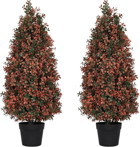 3ft Artificial Boxwood Topiary Trees (Set of 2) - UV Resistant Faux Plants for Outdoor/Indoor, Realistic 36in Fake Bushes and Shrubs for Front Porch, Planter, Patio - Low Maintenance & Evergreen-VerdiqueGarden