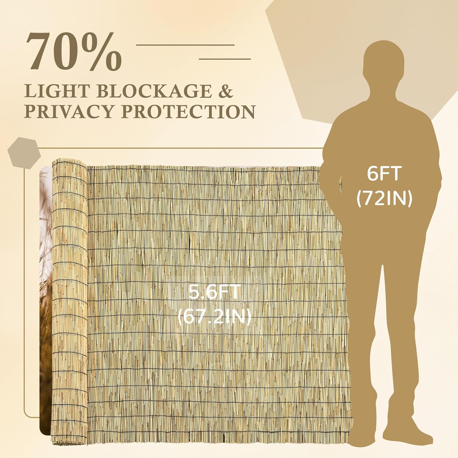 Natural 5.6FT X 16.4FT Reed Fencing Roll, Balcony Privacy Reed Shade Bamboo Fencing Garden Fence Border, Wind Block Sunshade Fence Screen for Outdoor Yard Patio Flower Bed Edge-VerdiqueGarden