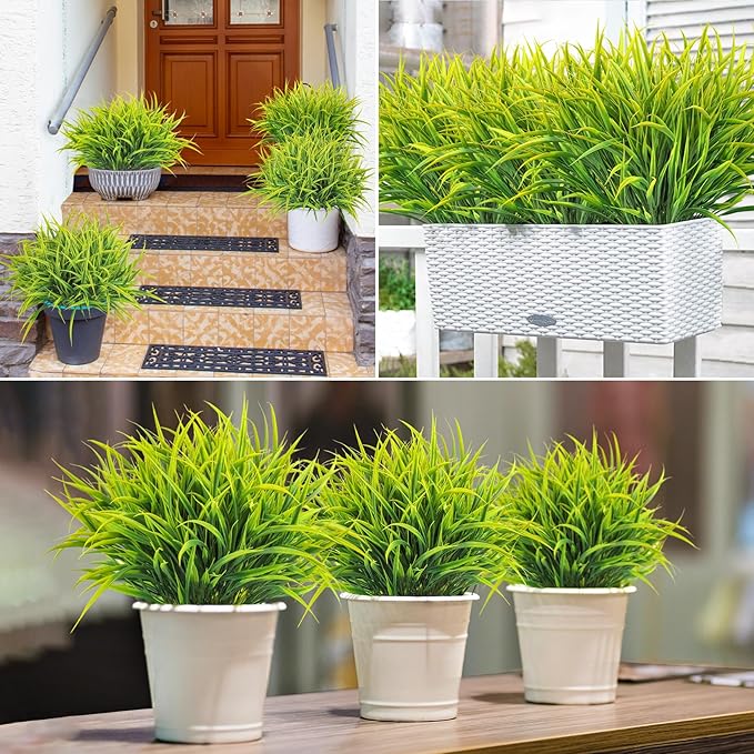 Ouddy Decor 16 Bundles Artificial Plants Outdoor Fake Grass Greenery Stems UV Resistant Faux Plastic Plants Shrubs for Spring Summer Home Garden Pathway Window Box Front Porch Decor, Yellow-VerdiqueGarden