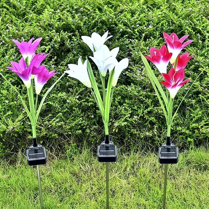 ANGMLN 4 Pack Solar Flowers Lights,16 Bigger Head Solar Lily Flowers, 7 Color Changing Pathway Lamps for Garden Patio Yard Party Wedding Holiday Outdoor Garden Stake Decoration(Purple2&White1&Pink1)-VerdiqueGarden