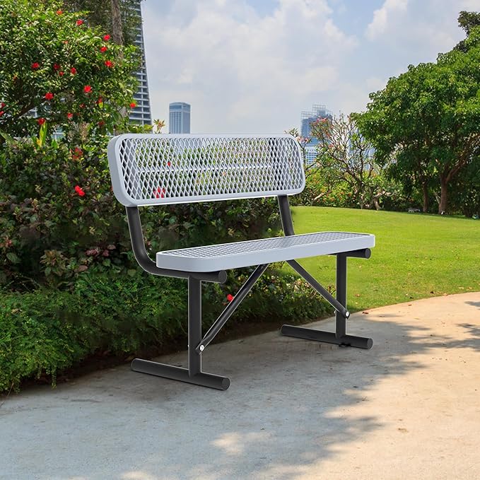 Heavy Duty Park Bench with Back Portable Frame, Outdoor Steel Bench with Backrest, Outdoor Park Bench Expanded Metal Mesh Bench for Lawn, Park, Deck, Garden, Patio, Porch, Black (Gray, 4FT)-VerdiqueGarden