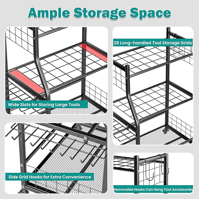 EVERHANGER Garden Tool Organizer Stand, Garage Tool Storage Organization, Yard Tool Racks with lockable wheels, Fit for Long-Handled Tools/Rakes/Brooms, Indoor/Outdoor Use-VerdiqueGarden