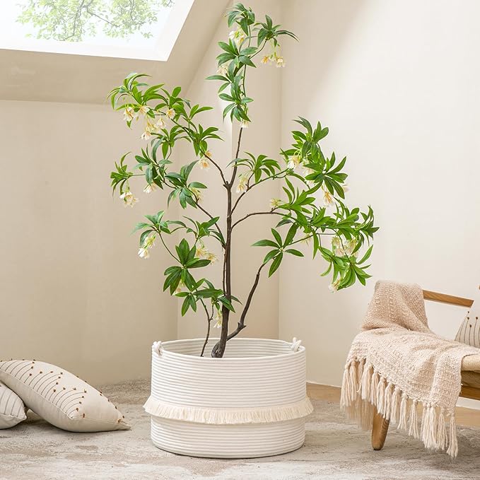 KAKAMAY Large Blanket Basket (20"x13"),Woven Baskets for storage Baby Laundry Hamper, Cotton Rope Blanket Basket for Living Room, Laundry, Nursery, Pillows, Baby Toy chest (White)-VerdiqueGarden