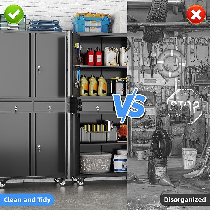 Metal Garage Storage Cabinet with Locking Doors and 2 Adjustable Shelves, Rolling Tool Storage Cabinet with 4 Wheels and 2 Drawer for Garage, Warehouse, Black, Assembly Required-VerdiqueGarden
