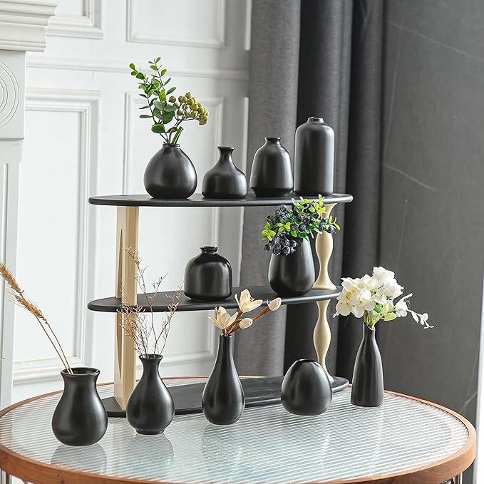 JOJUNO Black Bud Vases, Small Ceramic Vase Set of 11, Mini Pottery Vases for Flowers, Decorative Pieces for Home Modern Decor, Boho Decor, Chic Accents for Living Room Dining Table Shelves-VerdiqueGarden