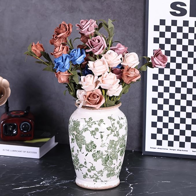 Vintage Vase for Flowers,Green Chinoiserie Ceramic Vase,Rustic Farmhouse Cracked Vases,for Flower Arrangement,Living Room, Office, Shelf, Fireplace Tables,Centerpieces,Chinoiserie Pottery Decor(B)-VerdiqueGarden